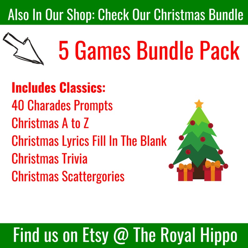 Może przedstawiać: Ilustracja świąteczna w kolorze czerwonym i zielonym z choinką i prezentami. Tekst głosi "5 Games Bundle Pack" i "Includes Classics: 40 Charades Prompts, Christmas A to Z, Christmas Lyrics Fill In The Blank, Christmas Trivia, Christmas Scattergories". Tekst zawiera r&oacute;wnież "Find us on Etsy @ The Royal Hippo".