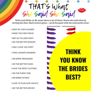 Lesbian Wedding Digital Download, Does She Know Her Bride, Fun LGBTQ She Said Game, Lesbian Bachelorette Party image 2