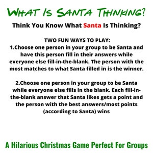 Może przedstawiać: Zielona i biała drukowana karta do gry z tekstem "What is Santa Thinking?" i instrukcjami do gry na świąteczną imprezę. Gra jest opisana jako "Zabawna gra świąteczna idealna dla grup".