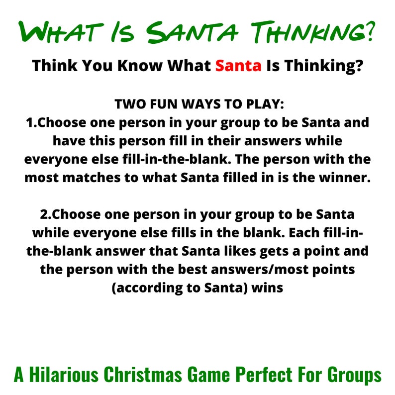 Może przedstawiać: Zielona i biała drukowana karta do gry z tekstem "What is Santa Thinking?" i instrukcjami do gry na świąteczną imprezę. Gra jest opisana jako "Zabawna gra świąteczna idealna dla grup".