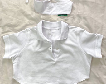 White Custom Curved Hem Cropped Polo Shirt WITH MATCHING HEADBAND Y2k 90s 00s Valaroso