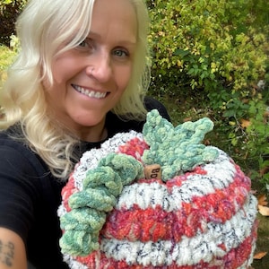 May include: A handmade, crocheted pumpkin in shades of red, white, and black, with a green stem and vine. The pumpkin has a textured, striped pattern. A small wooden tag is attached to the pumpkin.