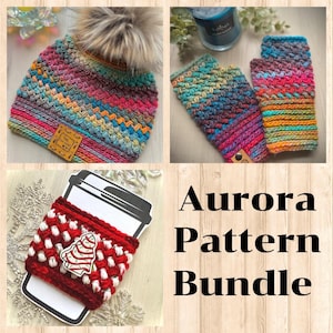 May include: A colorful Aurora Pattern Bundle featuring a knitted beanie with a faux fur pom, fingerless gloves, and a coffee cup cozy. The beanie and gloves have a textured stitch pattern in shades of pink, blue, and yellow. The cozy is red and white with a Christmas tree.