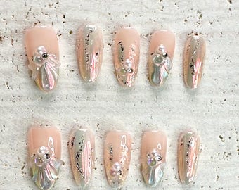 3D Seashell-persnagels: Ocean Pearl Oval Nail Art