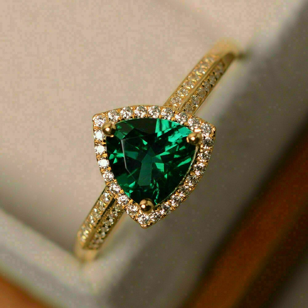 2 Ct Trillion Cut Green Emerald & Diamond 14k Yellow Gold Over Etsy