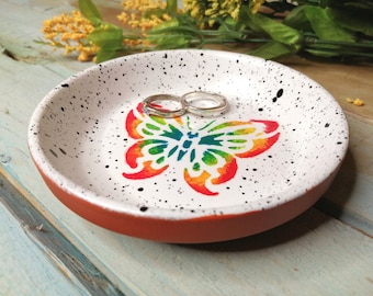 4.5" Terra cotta ring trinket dish - Rainbow Butterfly