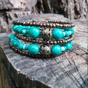 Memory wire cuff wrap bracelet  - bronze and turquoise