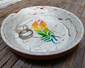 4.5" Terra cotta distressed ring trinket dish - Rainbow Feather