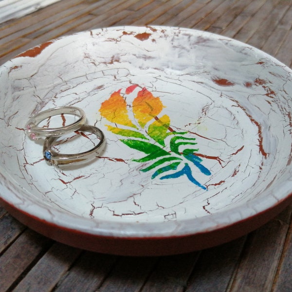 4.5 « Terra cotta distressed ring trinket dish - Rainbow Feather