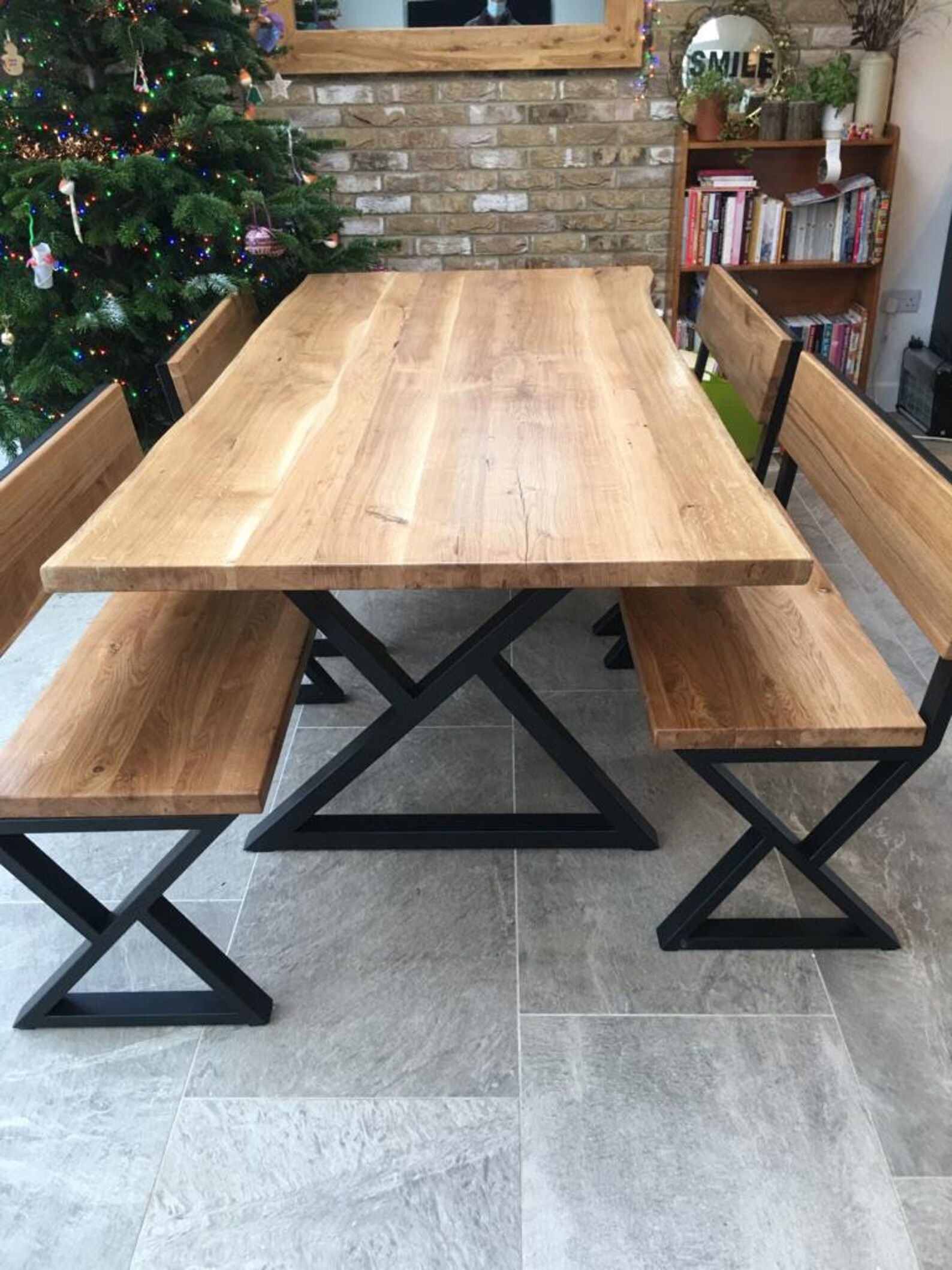 Live edge Solid Oak Dining Table and bench set with backs Etsy