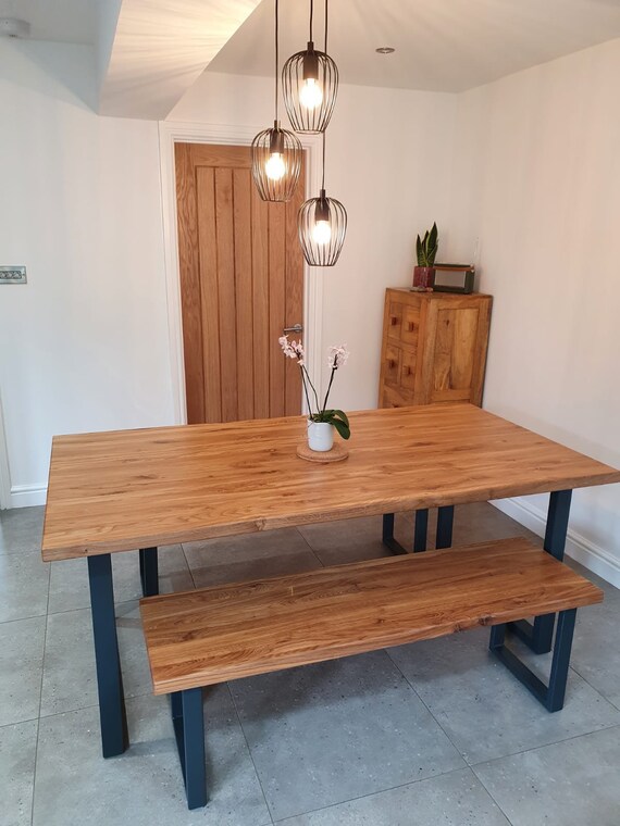 Solid Oak Dining Table And Bench Set Etsy