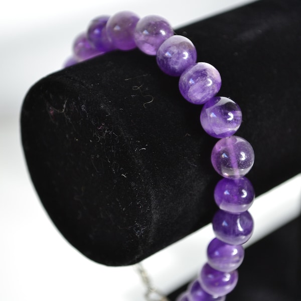 Bracelet en perles d'améthyse naturelle, mauve, perles de 10mm, 22 cm
