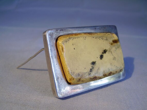 Broche Ancienne En Argent Massif Avec Ambre - Bijou Vintage Occasion
