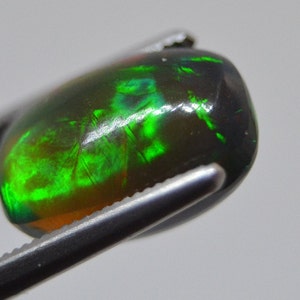 May include: A dark green and black oval-shaped opal gemstone with iridescent flashes of color.