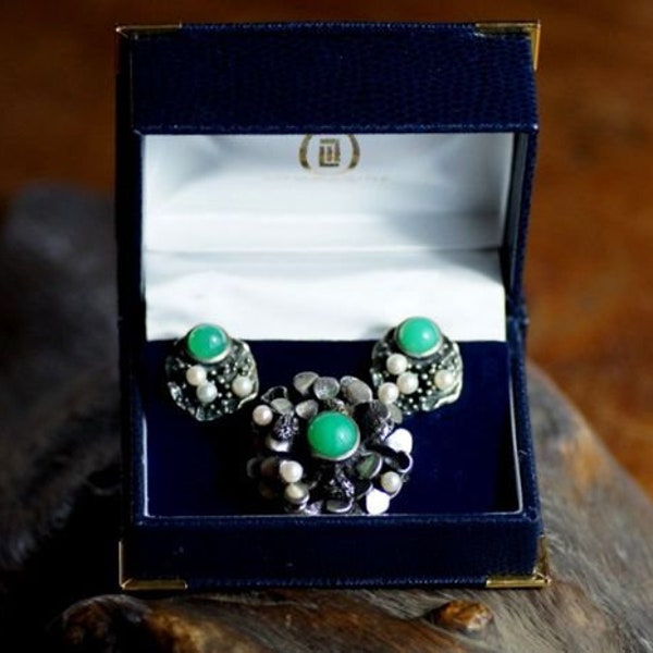 Parure Barthel & Sohn - 835 agate verte, Argent 835, Perles d’Akoya - Boucles d'oreilles, Broche