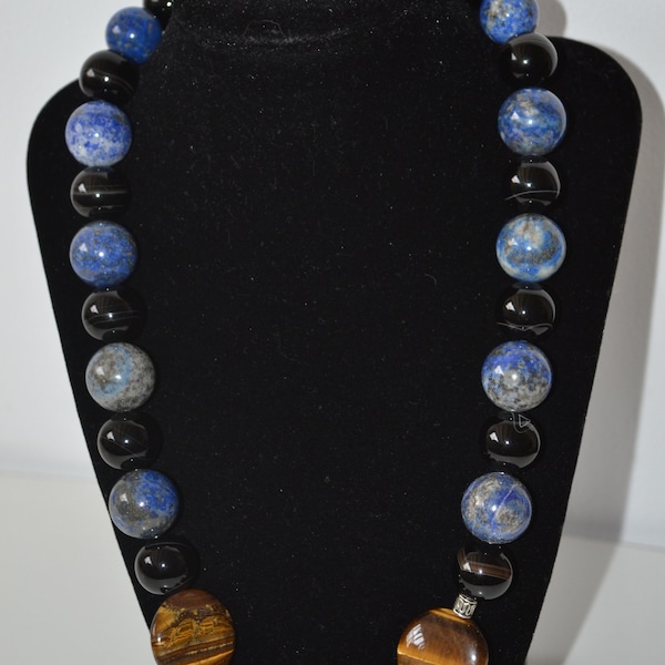 Collier en perles de Lapis lazuli et d'Onyx, rondelles d'Oeil de Tigre, naturelles, non traitées, 51 cm