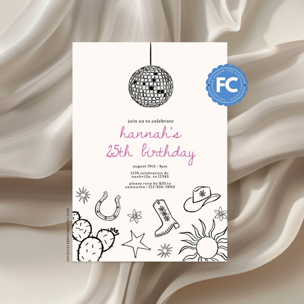 HANNAH | Fully Customizable Disco Cowgirl Doodle Birthday Invite, Let's Go Girls Cute Pink Cowgirl Handwritten Hand Drawn Bday Invite