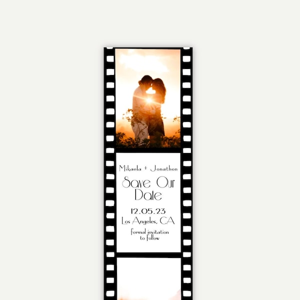 Film Reel | Bookmark Photo Booth Style Save The Date Minimalist and Simple Black and White, Elegant Engagement Announcement Template