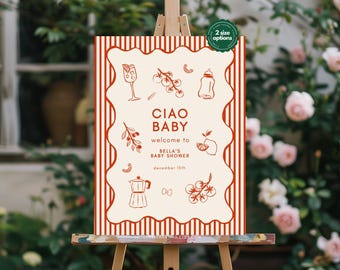 Bella | Red Baby Shower Welcome Sign Template, Fully Customizable Hand Drawn Italian Themed Party, Ciao Baby