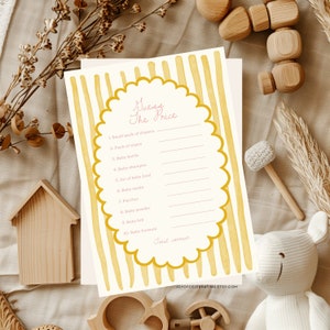 Clara | Errate den Preis, Gender Neutral Baby Shower Spielkarte, Vintage gerahmte gestreifte, gelb rosa Karte