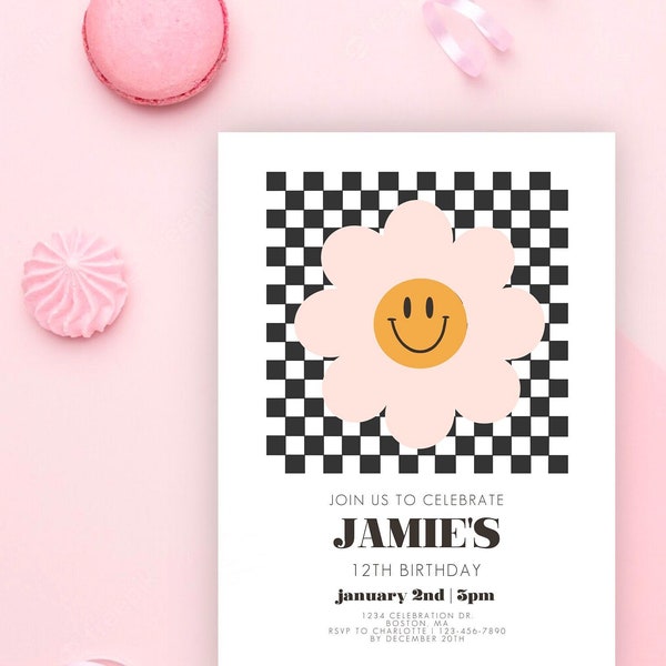 Checkered Smile | Pink Funky Retro Grunge Smile Invitation for Kids, Teens, Adults, Pink and Black Minimalist Teen Unique Invitation