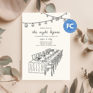 May include: A white invitation card with black text and a hand-drawn illustration of a table setting with string lights above. The text reads "Please join us the night before a rehearsal dinner in honor of Sofia & Riley. October 4th at 7pm 1234 Rosemary Lane Malibu, Ca 12345 RSVP to Sharon at 123-456-7890"