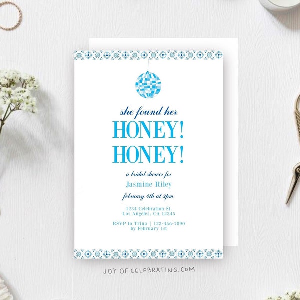 Honey Honey | Mama Mia She Found Her Honey Honey Blue Disco Mediterranean Theme Bridal Shower Invite, Bridal Party Theme Digital Template