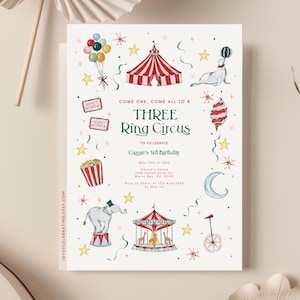 Puede incluir: Una invitación caprichosa para una fiesta de cumpleaños con temática de Circo de Tres Anillos. El diseño presenta ilustraciones de circo, incluyendo una gran carpa, palomitas de maíz, una foca haciendo malabarismos y un carrusel. El texto dice "Come one, come all to a Three Ring Circus."
