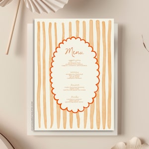 Clara | Jesienne kolory Vintage Oprawione Paski Szablon Menu Imprezy, Słodkie Pomarańczowe i Brzoskwiniowe Modne Unikalne Menu Kolacji, Zabawne i Minimalistyczne
