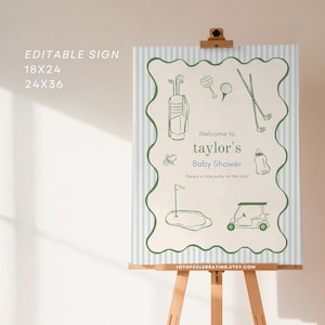 Puede incluir: Un letrero de baby shower sobre un caballete con temática de golf. El letrero tiene un fondo a rayas azul claro y blanco con ilustraciones verdes con temática de golf y el texto "Welcome to Taylor's Baby Shower". El letrero mide 45,7x61cm o 61x91,4cm.
