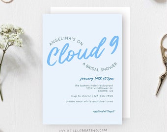 Cloud Nine | Unique Bridal Shower Fantasy Elegant Simple Style Invitation for Bride, Blue Cloudy She's On Cloud 9 Theme Digital Template