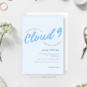 Cloud Nine | Unique Bridal Shower Fantasy Elegant Simple Style Invitation for Bride, Blue Cloudy She's On Cloud 9 Theme Digital Template