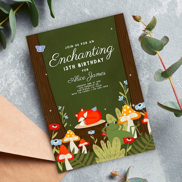 Enchanted Forest | Cute Young Forest Woodland Creature Party Invitation, Any Age Any Gender, Fox Frog Digital Printable Invite Template