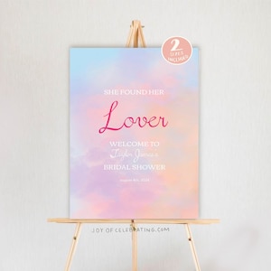 Cartel de bienvenida de la despedida de soltera inspirado en el amante, ella encontró a su amante Plantilla digital del tema de la fiesta nupcial del atardecer rosa