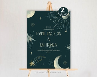 Sternenhimmel | Schöne Sternenhimmel Hochzeit Willkommensschild, spezielles Celestial Stars Moon Style Zeichen, Brautparty Thema digitale Vorlage