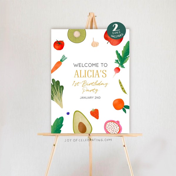 Locally Grown | 1st Year Of Growth Birthday Welcome Sign, Modern Simple Pretty Fruit Vegetable Theme, Garden Printable Poster Template