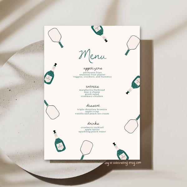 Pickleball & Prosecco | Country Club Preppy Bachelorette Menu for Dinner Table, Pink and Green Sophisticated Classy Pickleball Menu Template