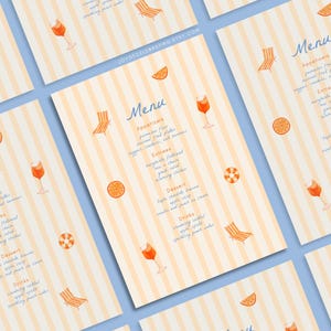 Olivia | Menymall för poolparty, blått och orange, sommarinbjudan, färgglad och rolig Spritz Pool och Citrus