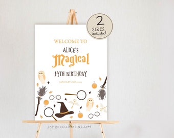 May include: A white printable sign with the text "Welcome to Alice's Magical 14th Birthday" and a variety of illustrations including owls, a witch's hat, a broom, and a key. The sign is on a wooden easel.