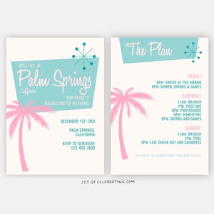 Mid Century Retro | Palm Springs Destination Bachelorette Party Weekend Invite Itinerary Template, Fun Vibrant Blue Pink Vintage California