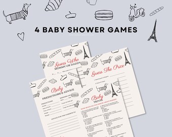 CAMILLE | 4 franska Paris-tema babyshower-spel, utskrivbara spel, Parisisk stadstema, babyquiz, babyförutsägelser, gissa priset