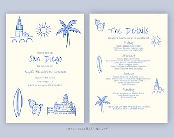 Gribouillis de San Diego | Beach Bachelorette Invitation Set, San Diego California Beach Ocean City Surfing Theme, Bach Invite Itinerary Template