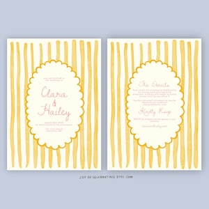 May include: A wedding invitation with a yellow and white striped background. The invitation features a circle with the text "Clara & Hailey" in pink and white. The text "The Details" is in pink and white. The invitation is for a wedding on March 8, 2013, at 4 o'clock in the afternoon at The Vine Ranch, Charlottesville, VA.