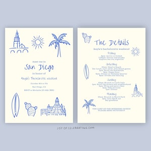 May include: A blue and white illustrated invitation for a bachelorette weekend in San Diego. The invitation includes a list of activities for the weekend, including a trip to the beach, a visit to the Gaslamp Quarter, and a brunch in Little Italy. The cost of the weekend is $1500. RSVP to Michelle at 123-456-7890.