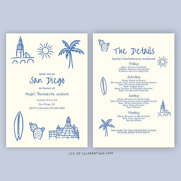 San Diego Scribbles | Beach Bachelorette Invitation Set, San Diego California Beach Ocean City Surfing Theme, Bach Invite Itinerary Template