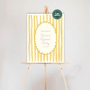 Clara / Plantilla de cartel de bienvenida a rayas enmarcado vintage amarillo, Bonito cartel de bienvenida de moda amarillo y rosa para cena