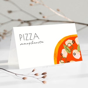 Pizza Party | Składany szablon karty namiotu z jedzeniem, proste nowoczesne etykiety żywności na imprezę z pizzą, urodziny lub wydarzenie rodzinne, dekoracja stołu na imprezę
