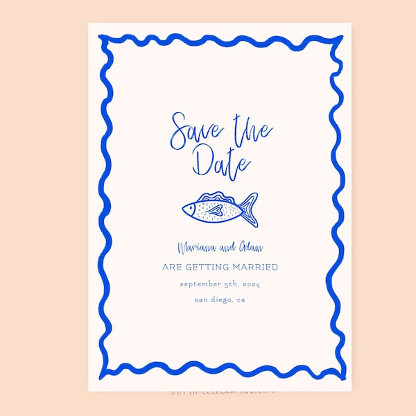 Wavy | Modern Blue and Cream Fish Save The Date, Wavy Curly Sea Doodle Handwriting Style Invite Blue Bridal Party Theme Digital Template