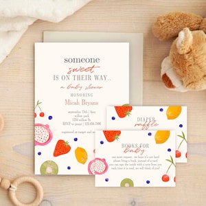 Summer Fruit | Someone Sweet Is On Their Way Baby Shower Invitation Diaper Raffle and Books For Baby, Beautiful Fruit Themed Baby Shower