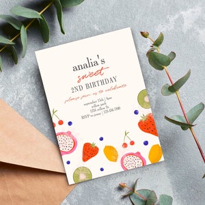 Fruta de verano / Invitación minimalista a la fiesta de frutas bonitas, moderna, simple, linda, de cualquier edad y de cualquier género, plantilla de invitación imprimible digital